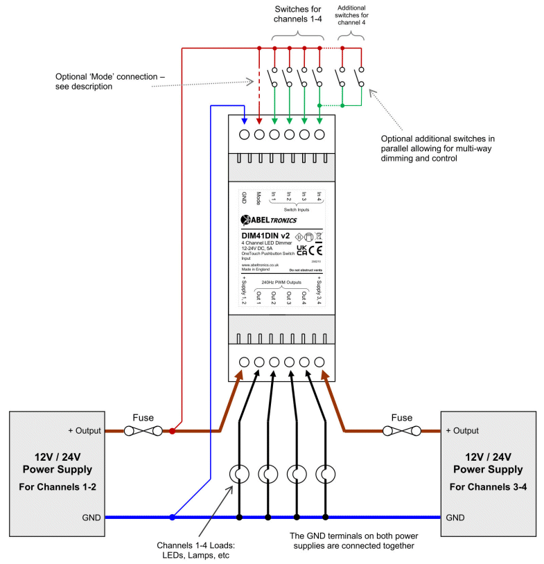 DIM41DIN 4 Channel LED Dimmer. Push Switch Controlled, DIN-mount. PWM, 12V 24V Low Voltage - Connections Diagram 2