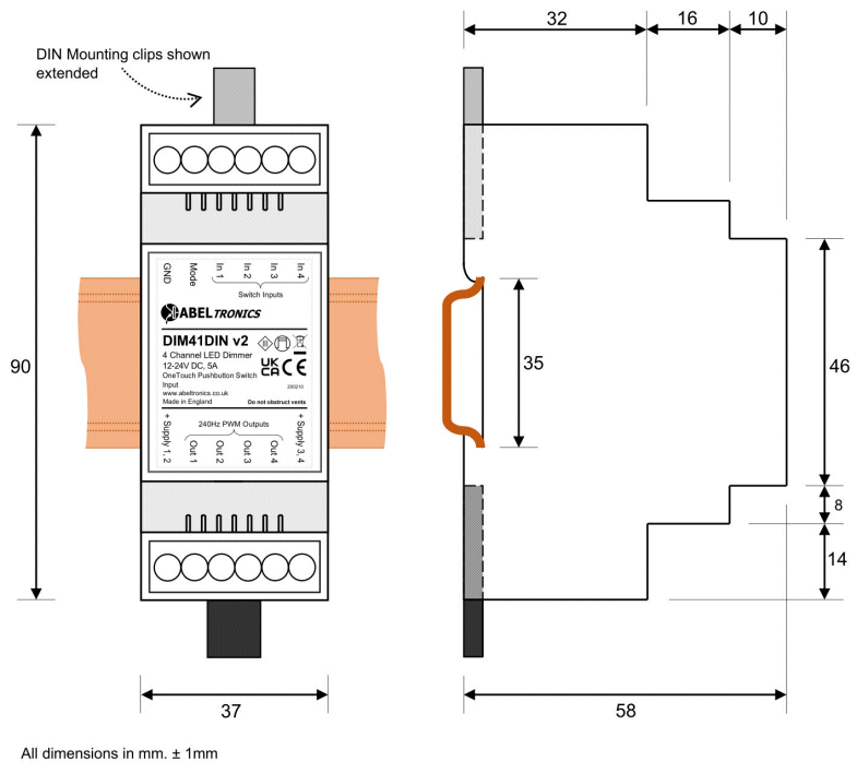 DIM41DIN 4 Channel LED Dimmer. Push Switch Controlled, DIN-mount. PWM, 12V 24V Low Voltage - Dimensional Drawing 1