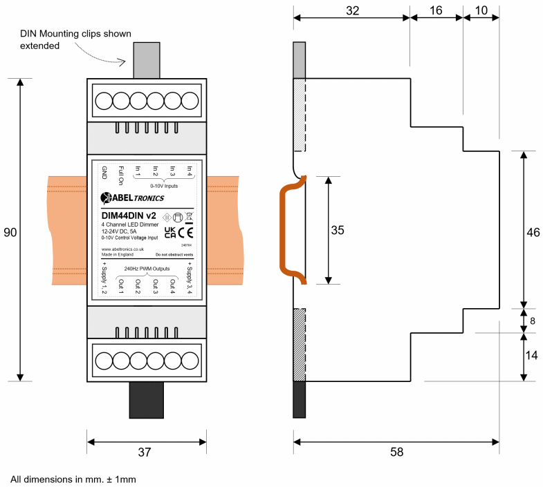 DIM44DIN 4 Channel LED Dimmer. 0-10 Volt Controlled, DIN-mount. PWM, 12V 24V Low Voltage - Dimensional Drawing 1